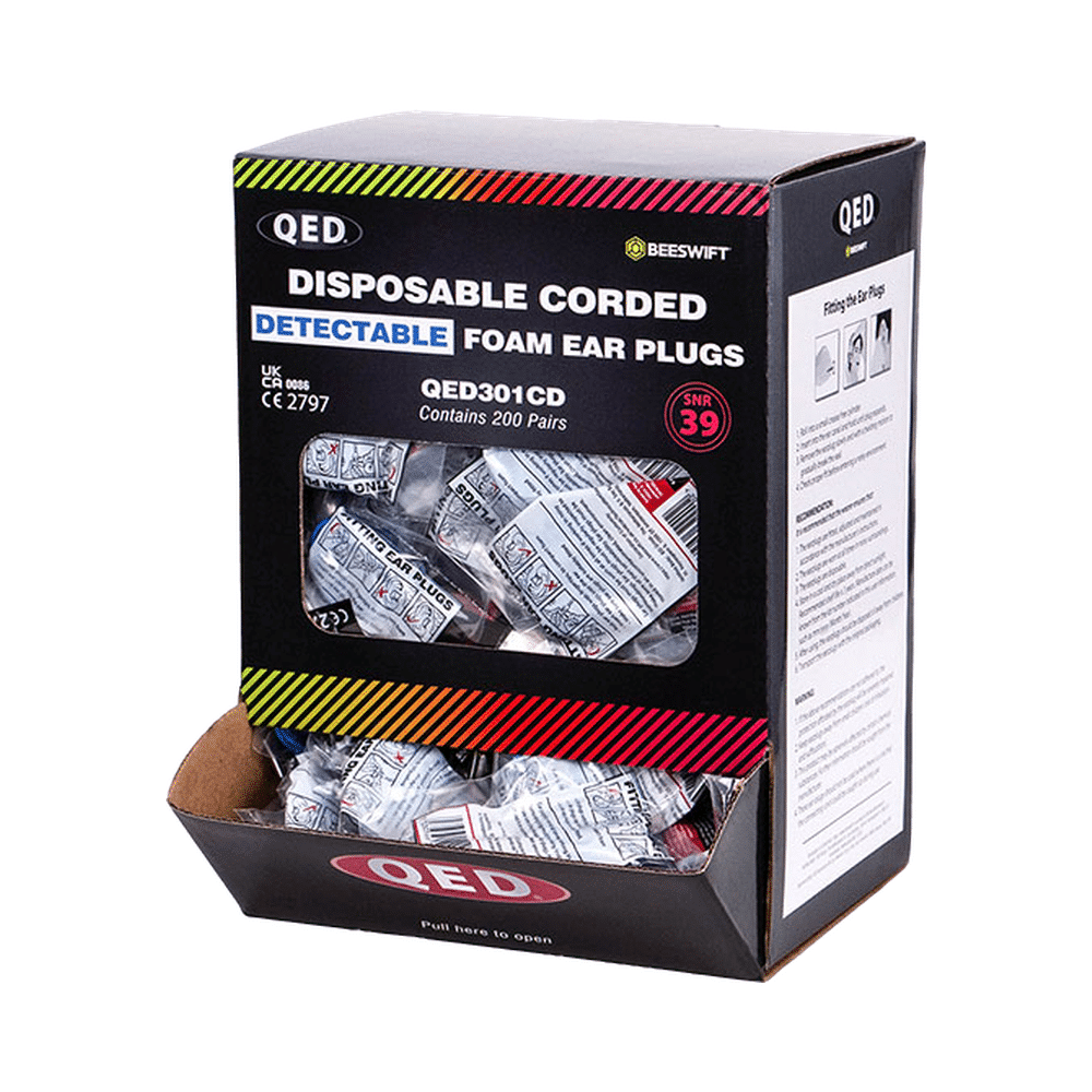 QED301CD-1.png Beeswift QED Disposable Corded Detectable Blue Ear Plugs Box of 200 - Image 1